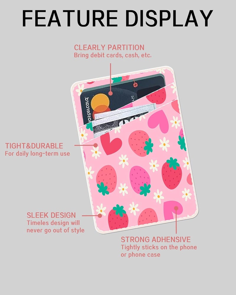 AOHRO Dual Pocket Leather Phone Wallet Adhesive Stick On, Cute Strawberry Card Holder - Image 5